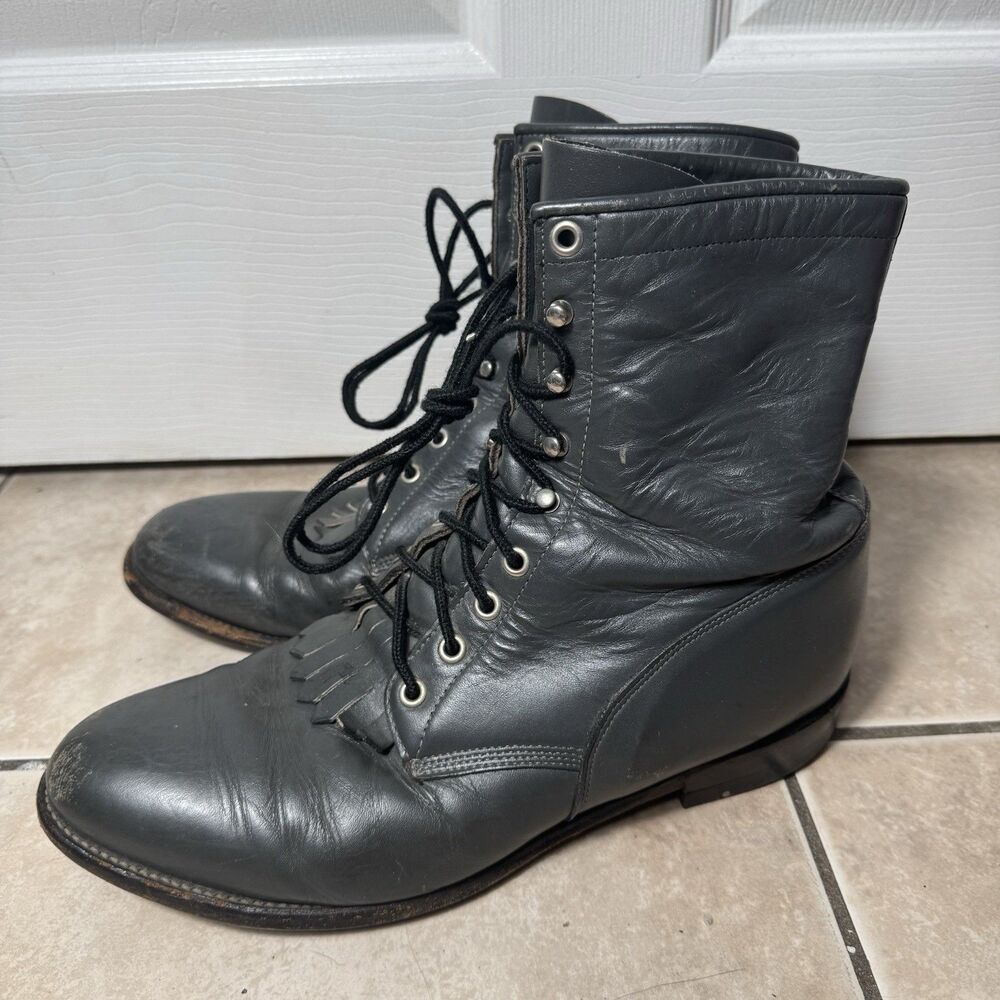 VTG Justin Mens Size 10.5 EE Roper Kiltie Western 502 Lace Up Gray Leather Boots
